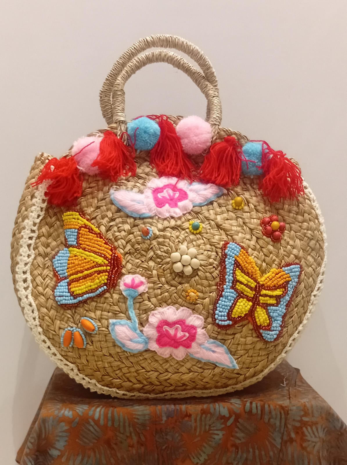 1 Stunning Boho Macrame Bag with Butterfly Embroidery – Chic Round Handcrafted Style